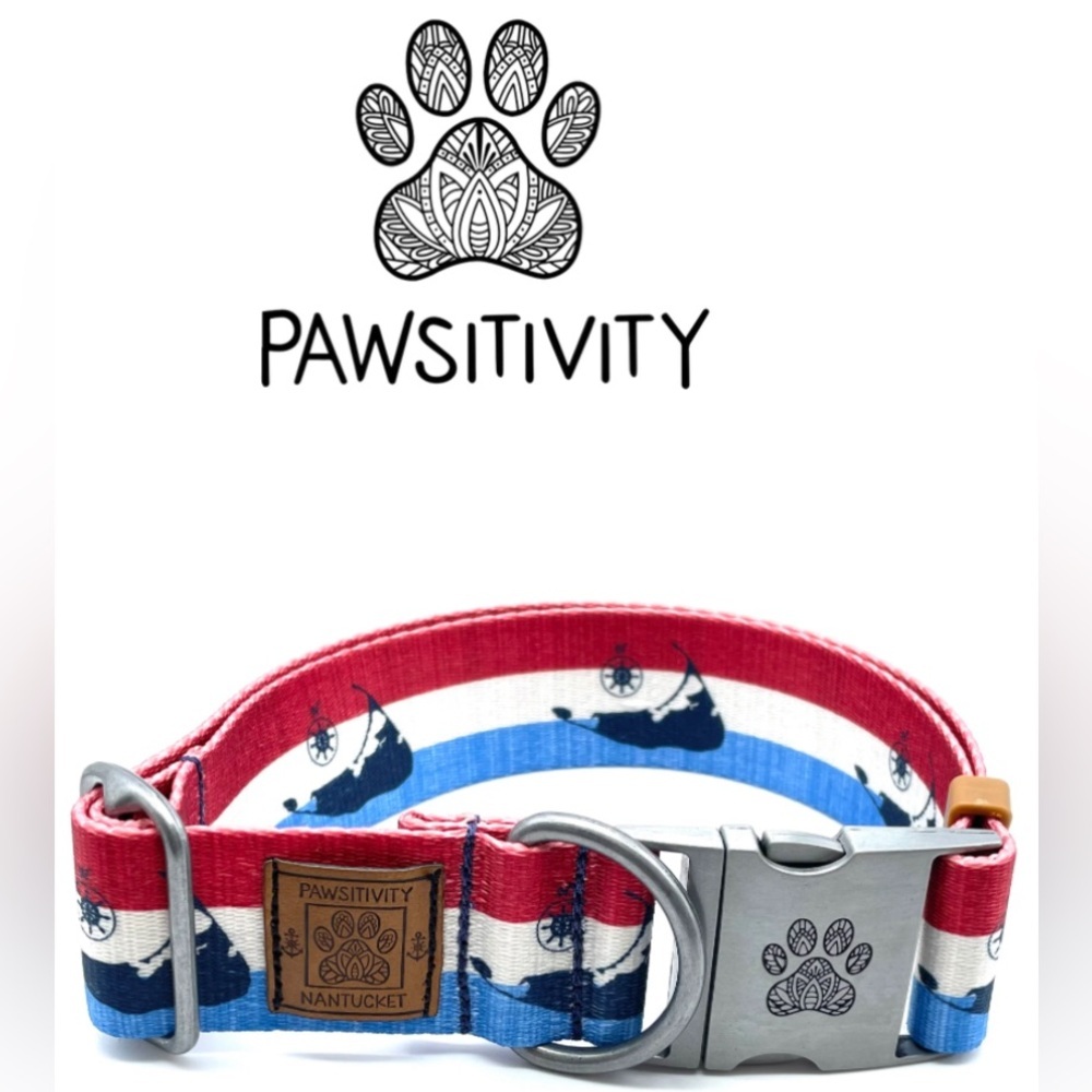 Pawsitivity Nantucket Red White Blue Islands Wide Dog Collar Buckle 1.5” XLarge